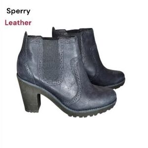 Sperry Leather Claremont Black High Heel Chelsea Ankle Lug Chunky Boot Women 8.5